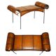 Vintage Spanish window bench in hand-stitched leather and restored iron.