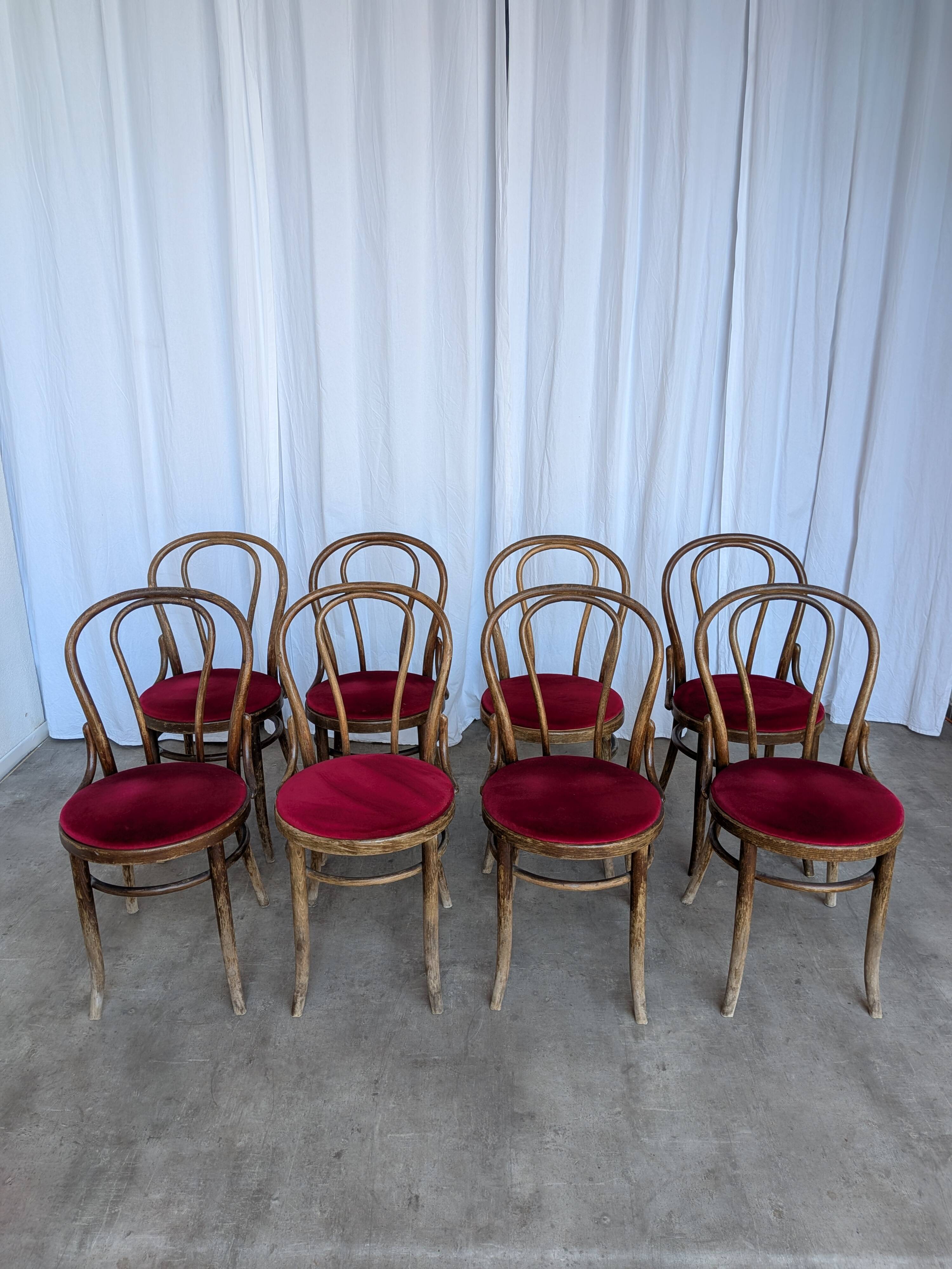 Set of 8 Vintage Bentwood Bistro Chairs: Red Upholstery