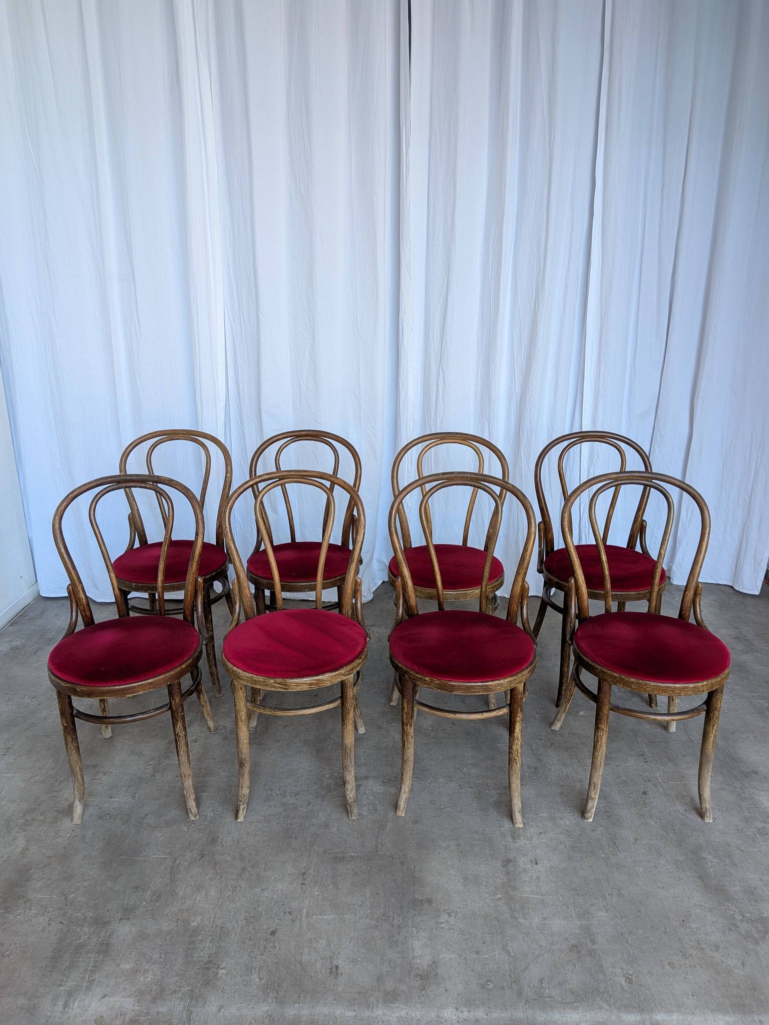 Set of 8 Vintage Bentwood Bistro Chairs: Red Upholstery
