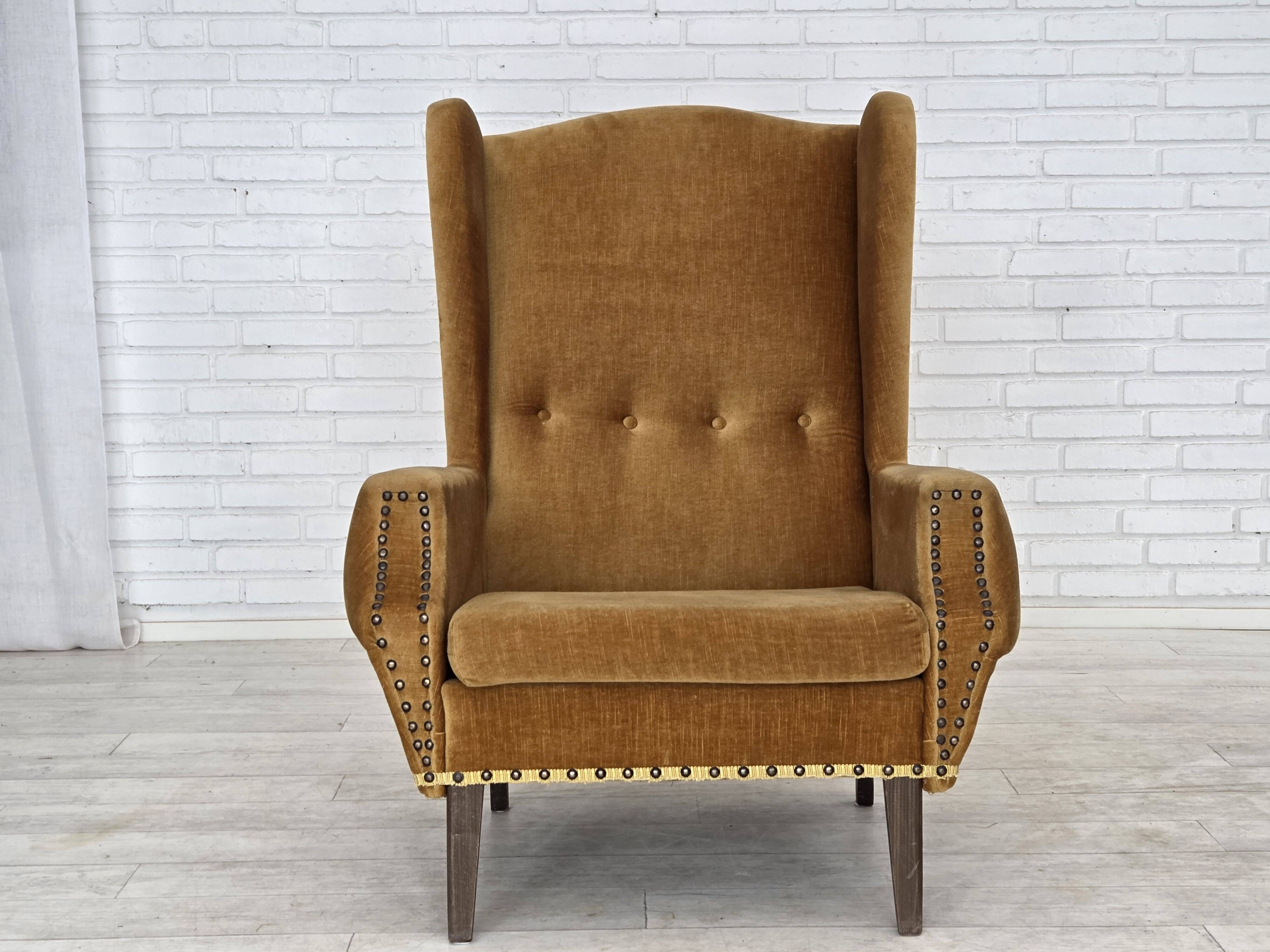 1970s, Danish high back armchair, furniture velour, oak wood legs.