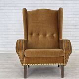 1970s, Danish high back armchair, furniture velour, oak wood legs.
