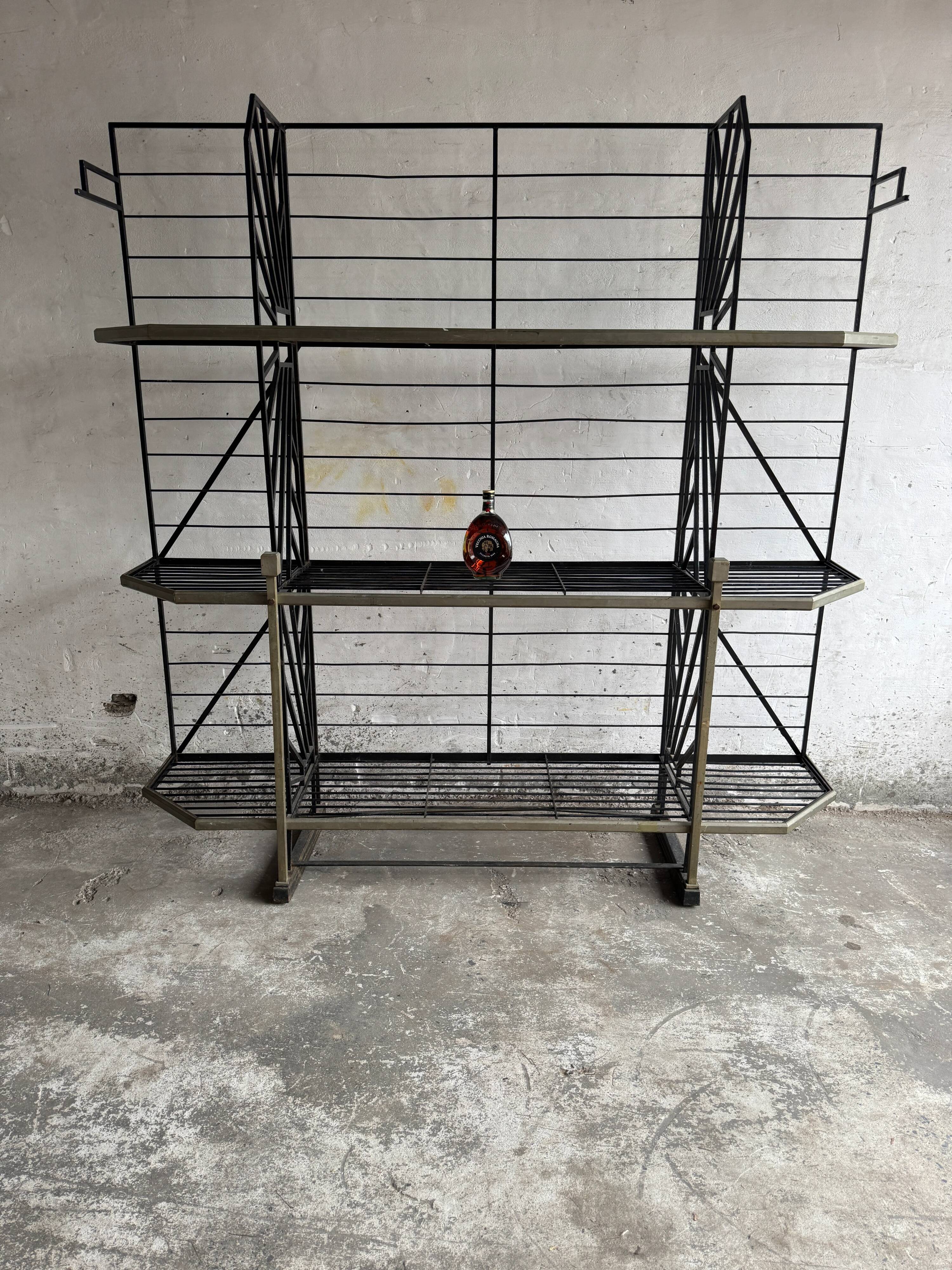 Large Black Powder-Coated Metal Industrial Baker's Rack — Three-Tier Display and Storage Unit, Brass Trim