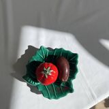 Vintage salt and pepper shaker colorful hand painted slip - Vegetables and leaf holder