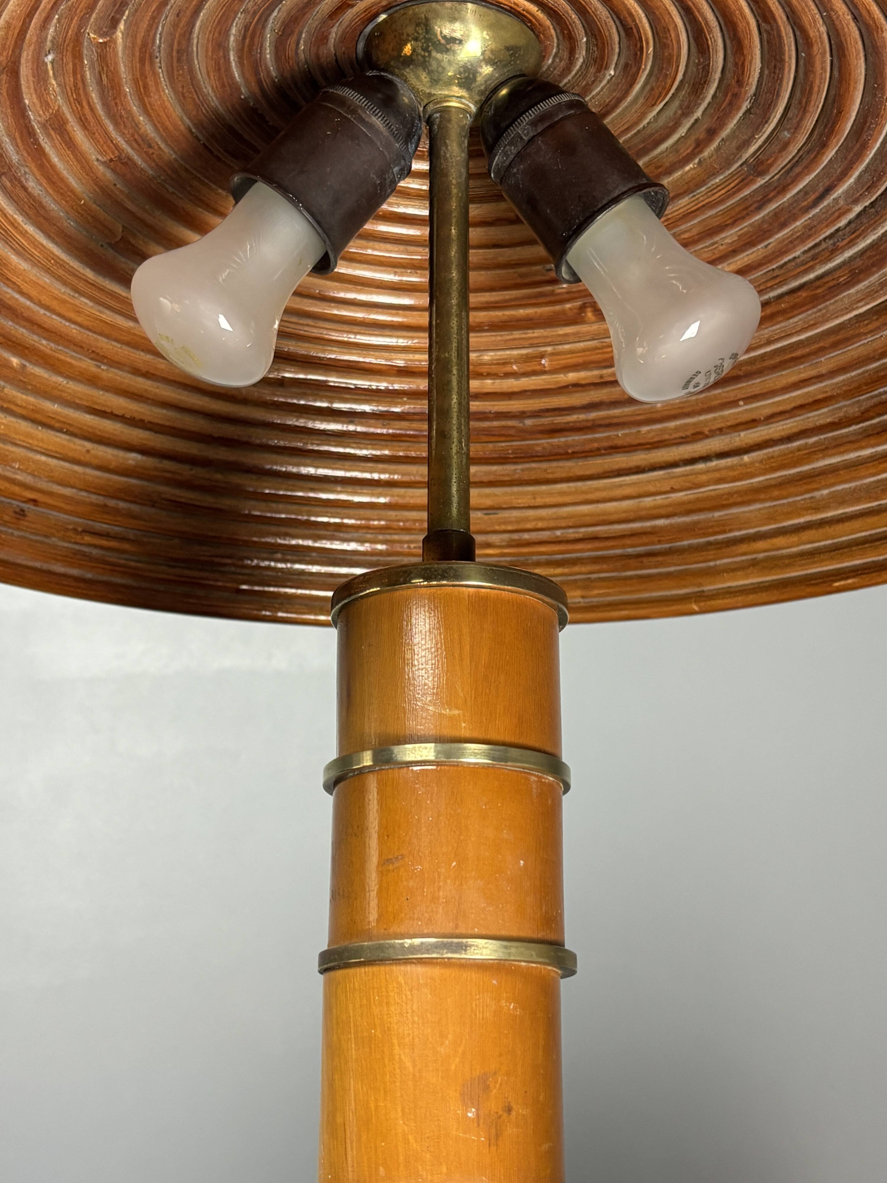 Midcentury pencil reed rattan bamboo and brass table lamp, 1960s