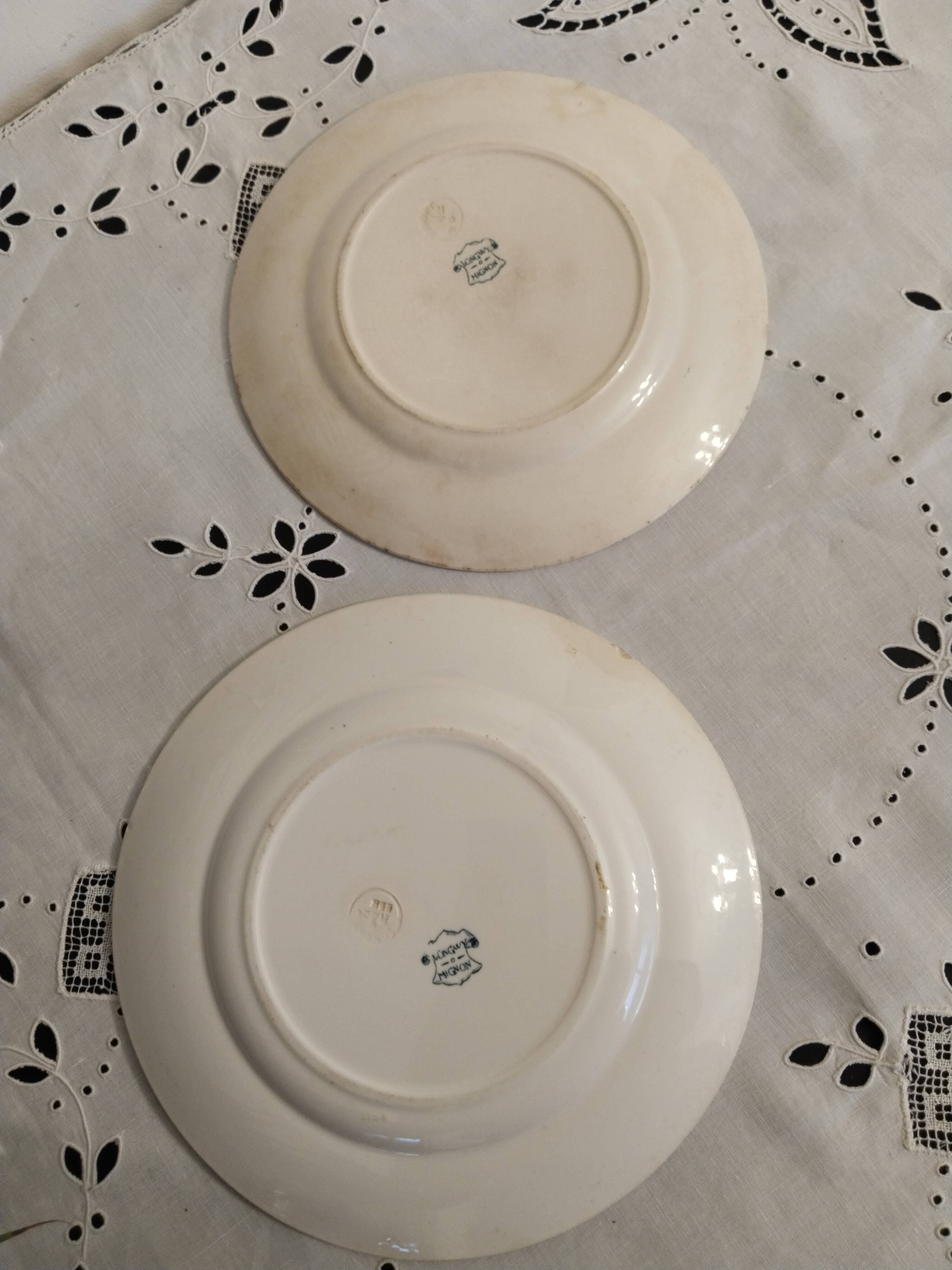 Set of 2 Longwy earthenware plates, Mignon model, blue/green