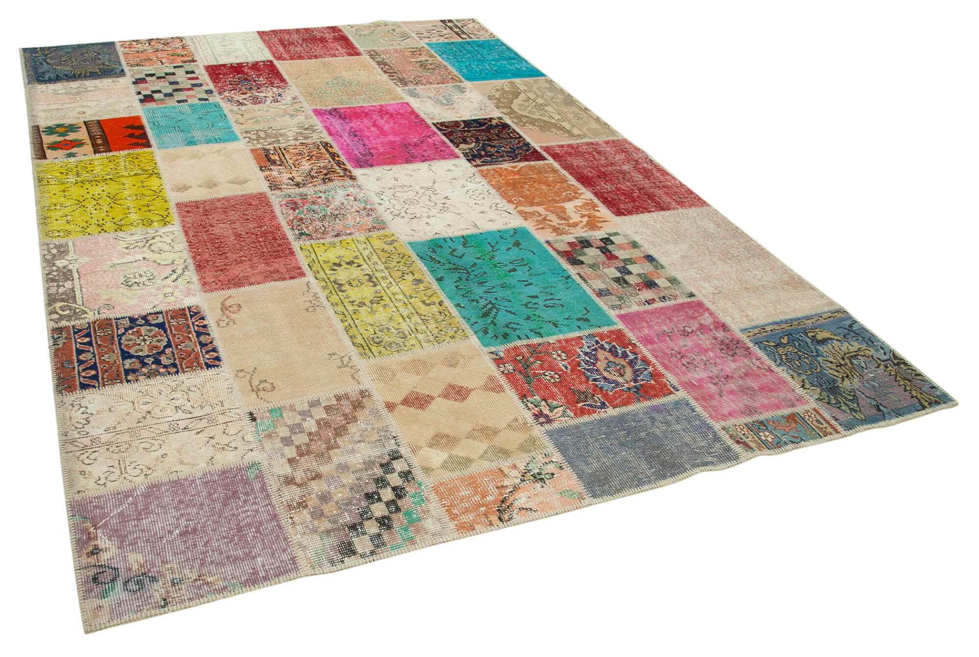 Hand-knotted anatolian contemporary 208 cm x 296 cm multicolor patchwork carpet