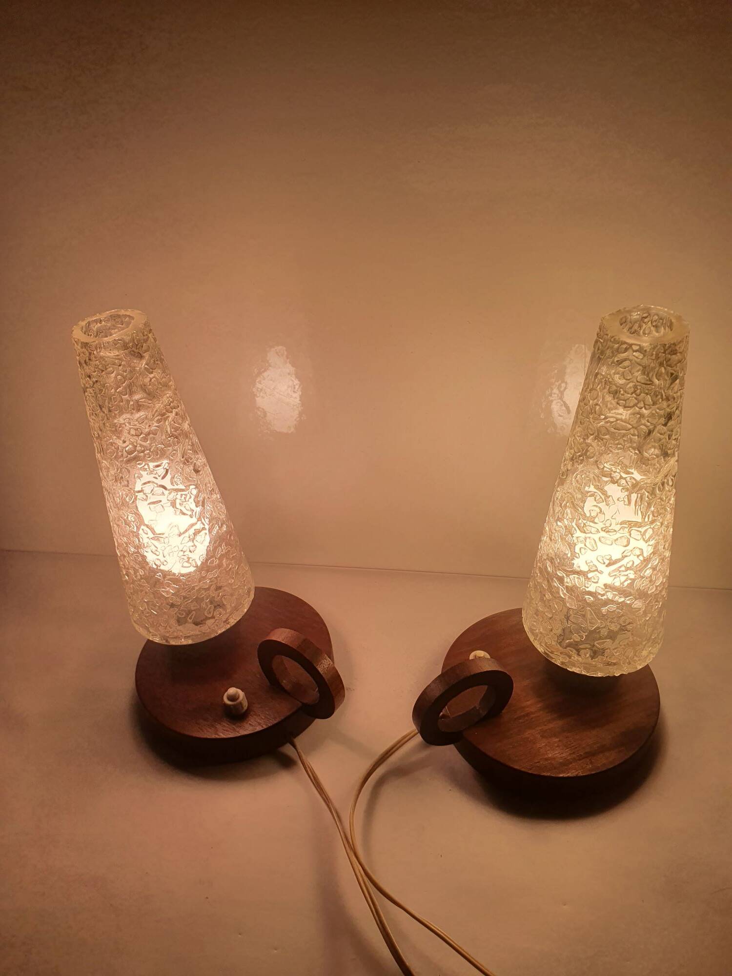 Pair of antique glass and wood table lamps