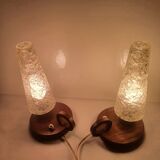 Paire de lampes de table anciennes verre et bois
