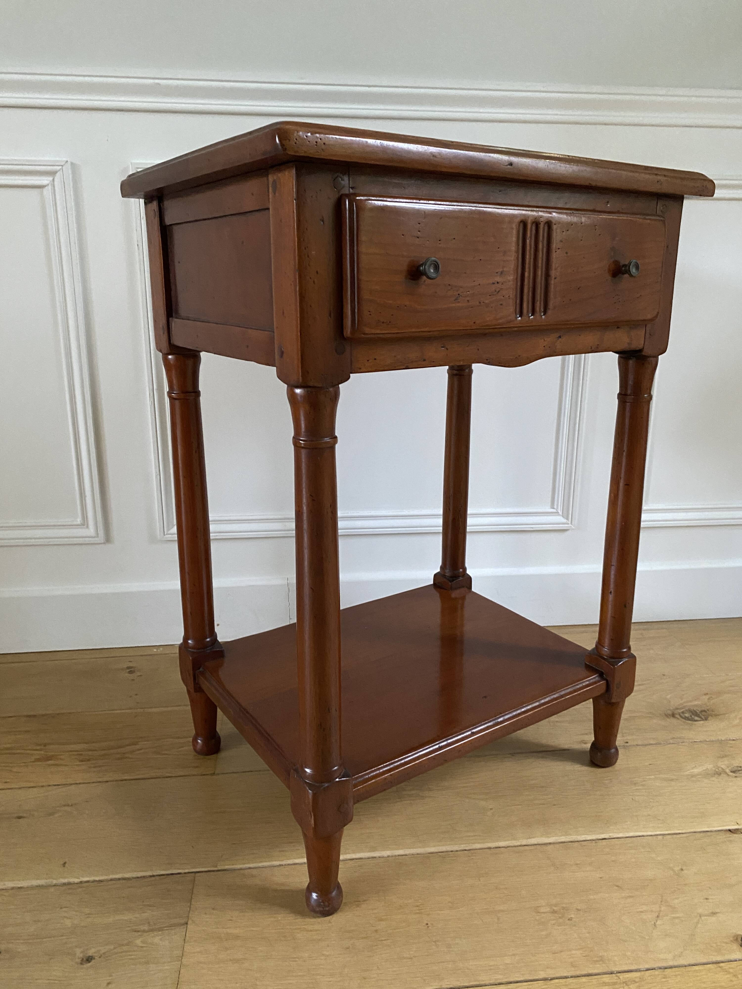 Nightstand, vintage side table with a drawer and a low shelf in solid wood