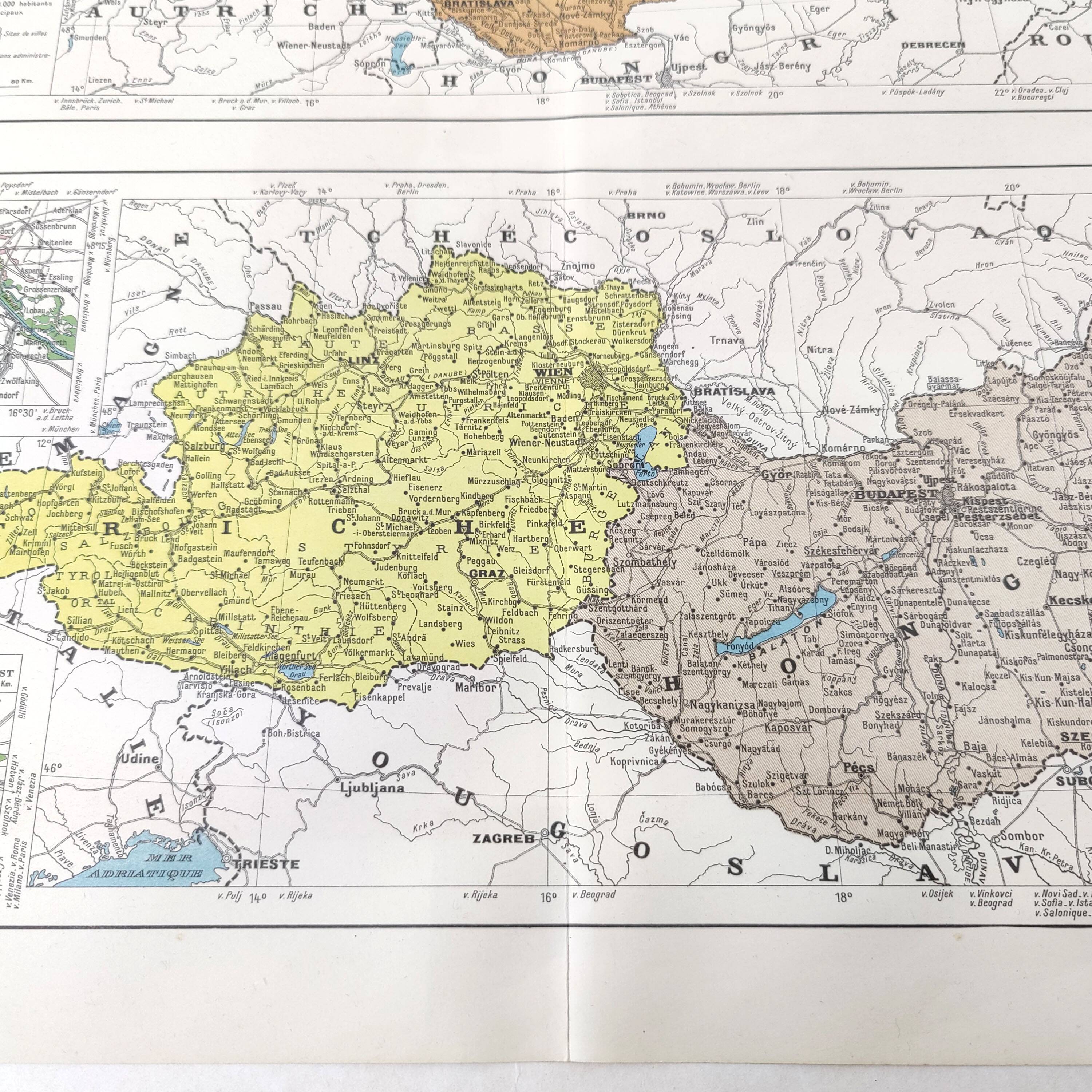 Old map Austria Czechoslovakia Hungary 43x43cm from 1950