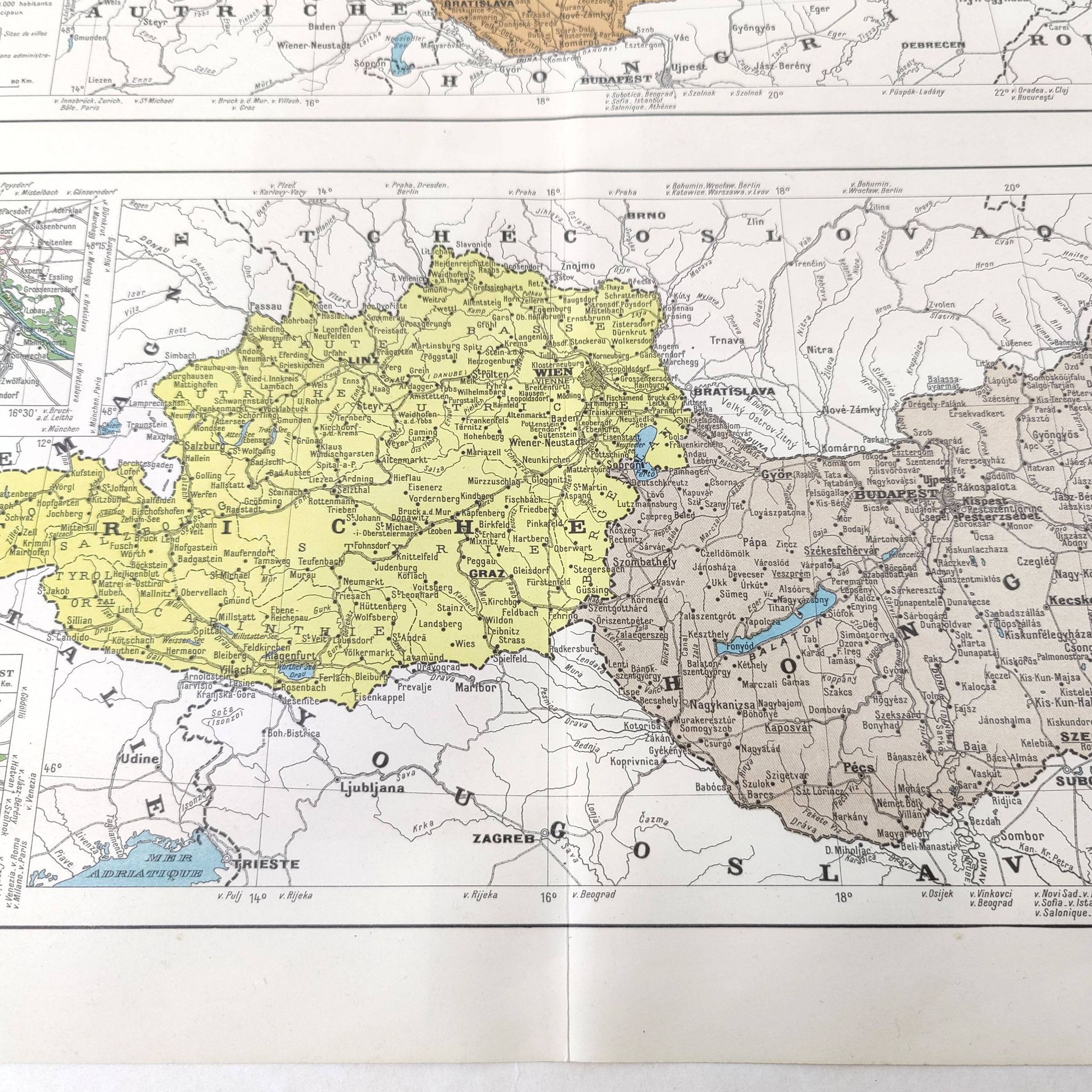Old map of Austria, Czechoslovakia, Hungary 43x43cm from 1950