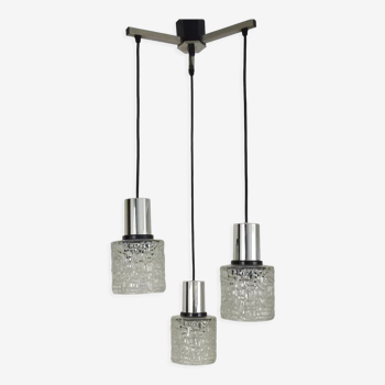 Suspension waterfall vintage in chrome polished and glass chiseled 3 lights 70s
