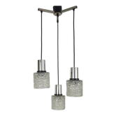 Suspension cascade vintage en chrome poli et verre ciselé 3 feux années 70