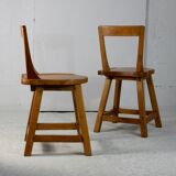 Pair of brutalist wooden back stools. France, circa 1960
