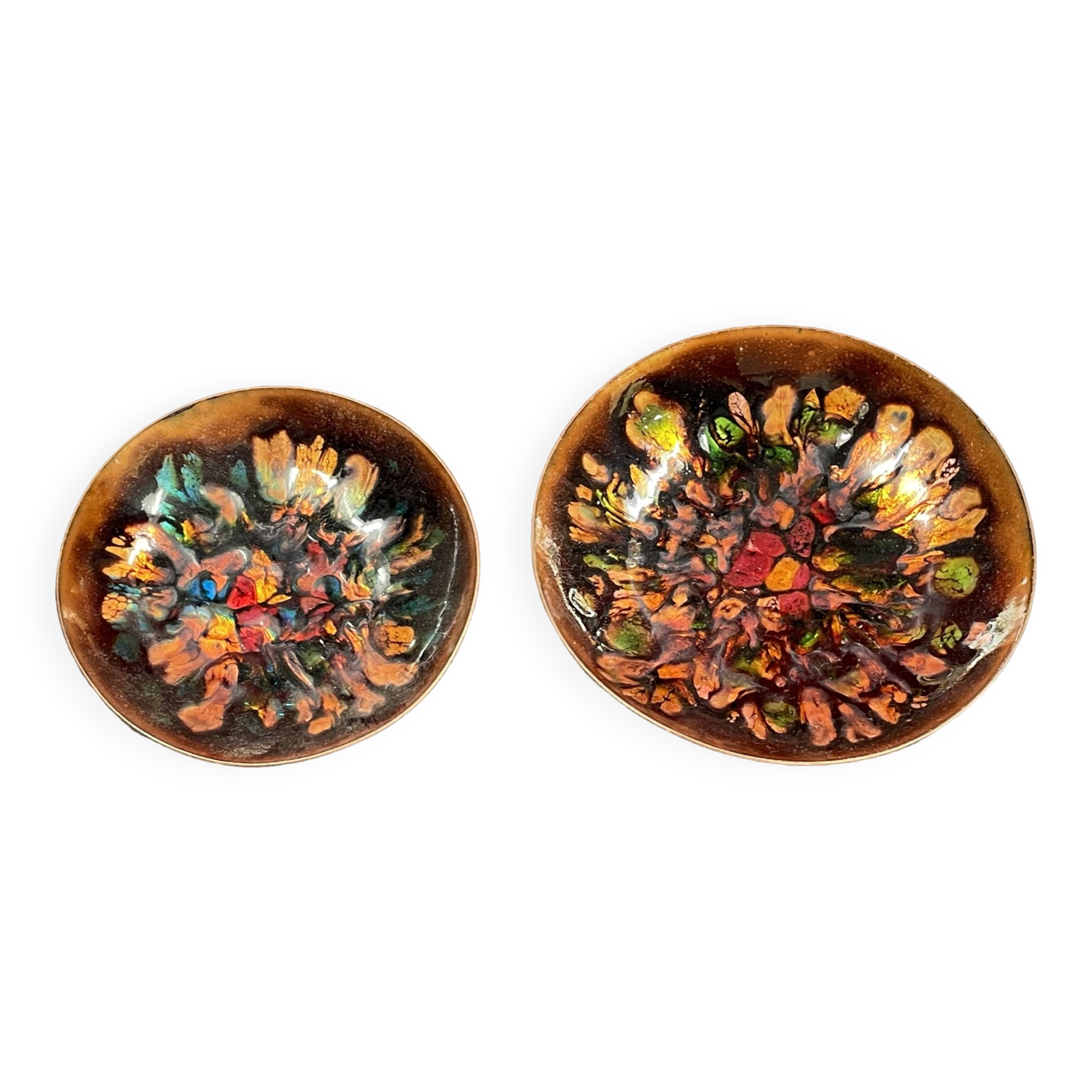 set of 2 enamels on copper empty pocket 10 and 12 cm in diameter - Art Limoges enamel