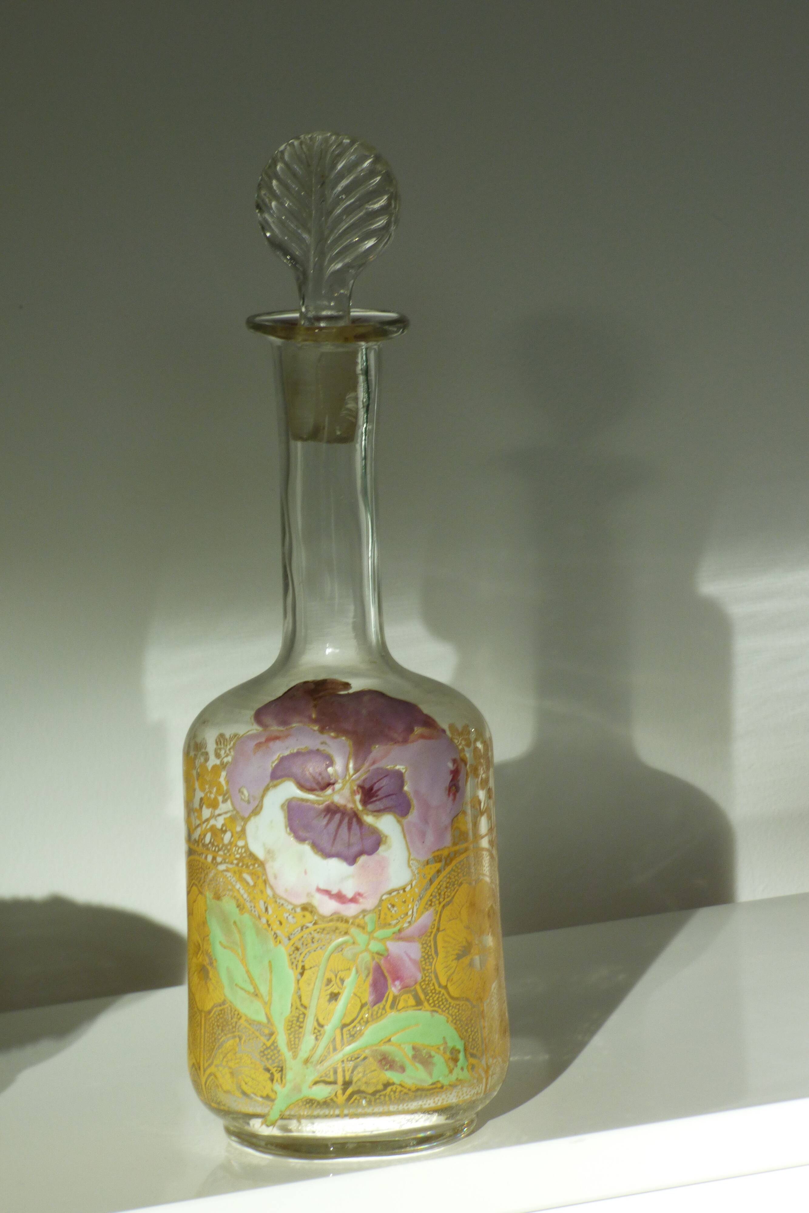 LEGRAS carafe, enamelled with pansy flower.