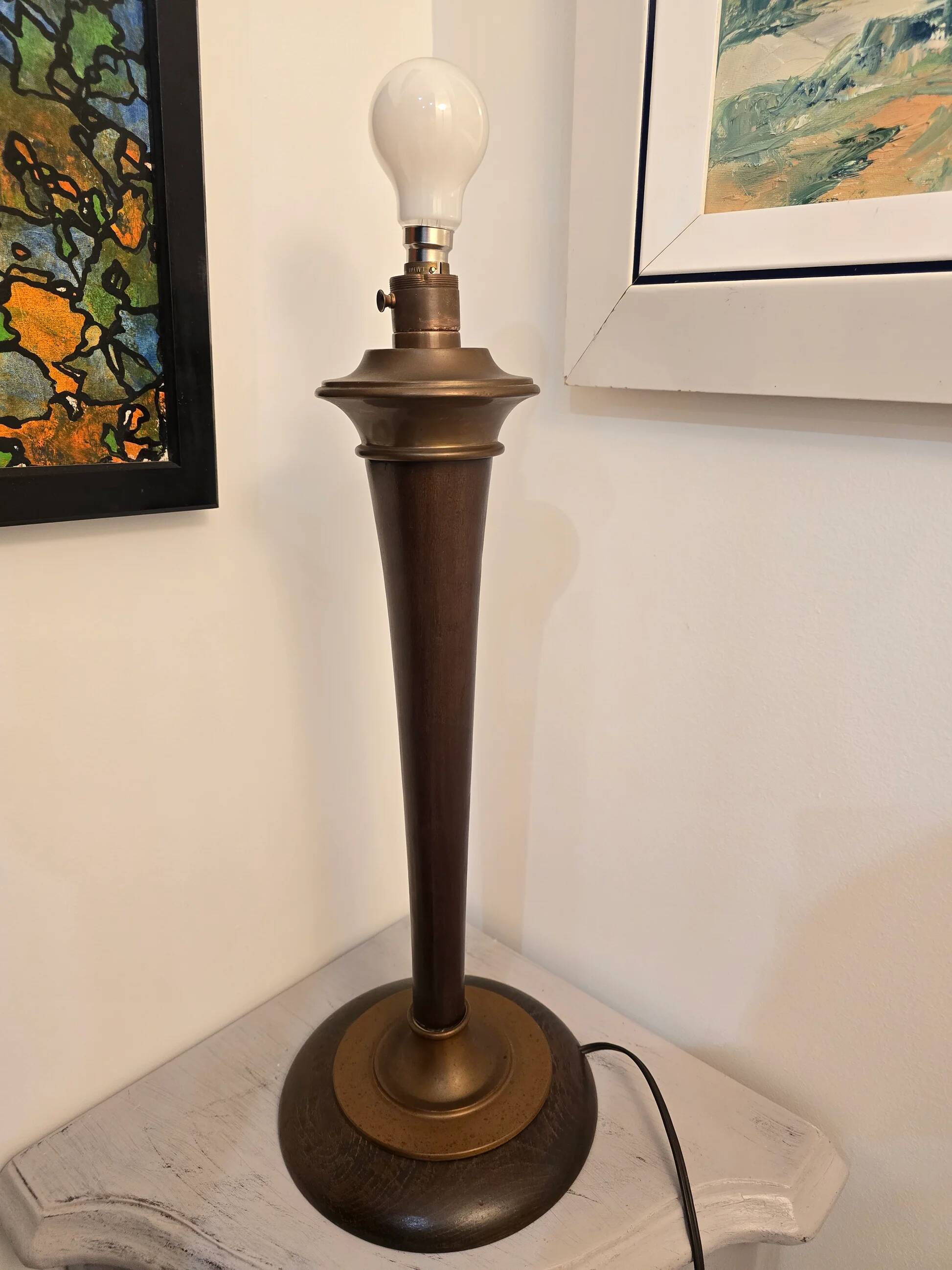 Vintage Scandinavian style lamp base in dark wood and bronze metal – 58 cm