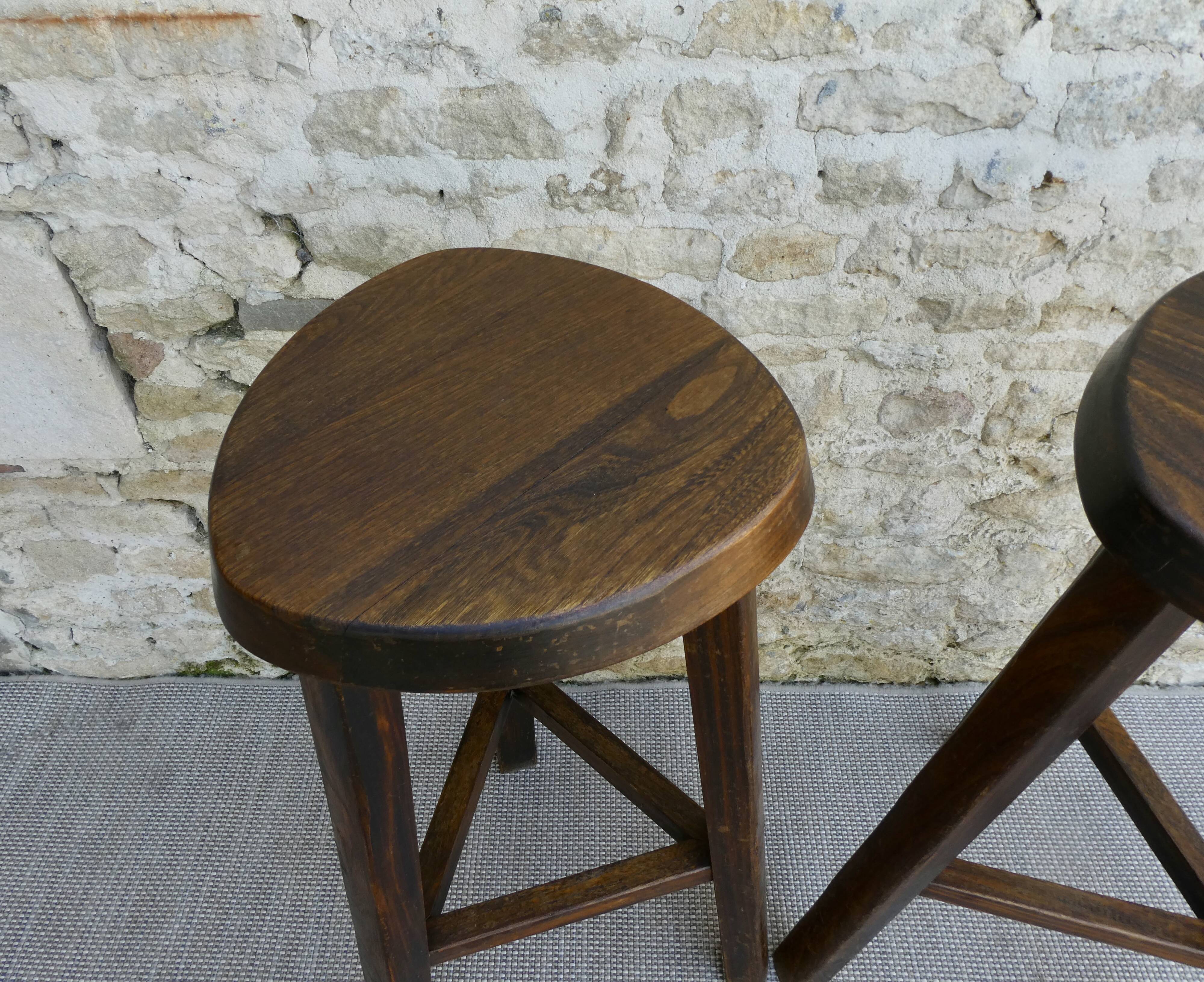 Pair of high tripod stools, bar, solid wood