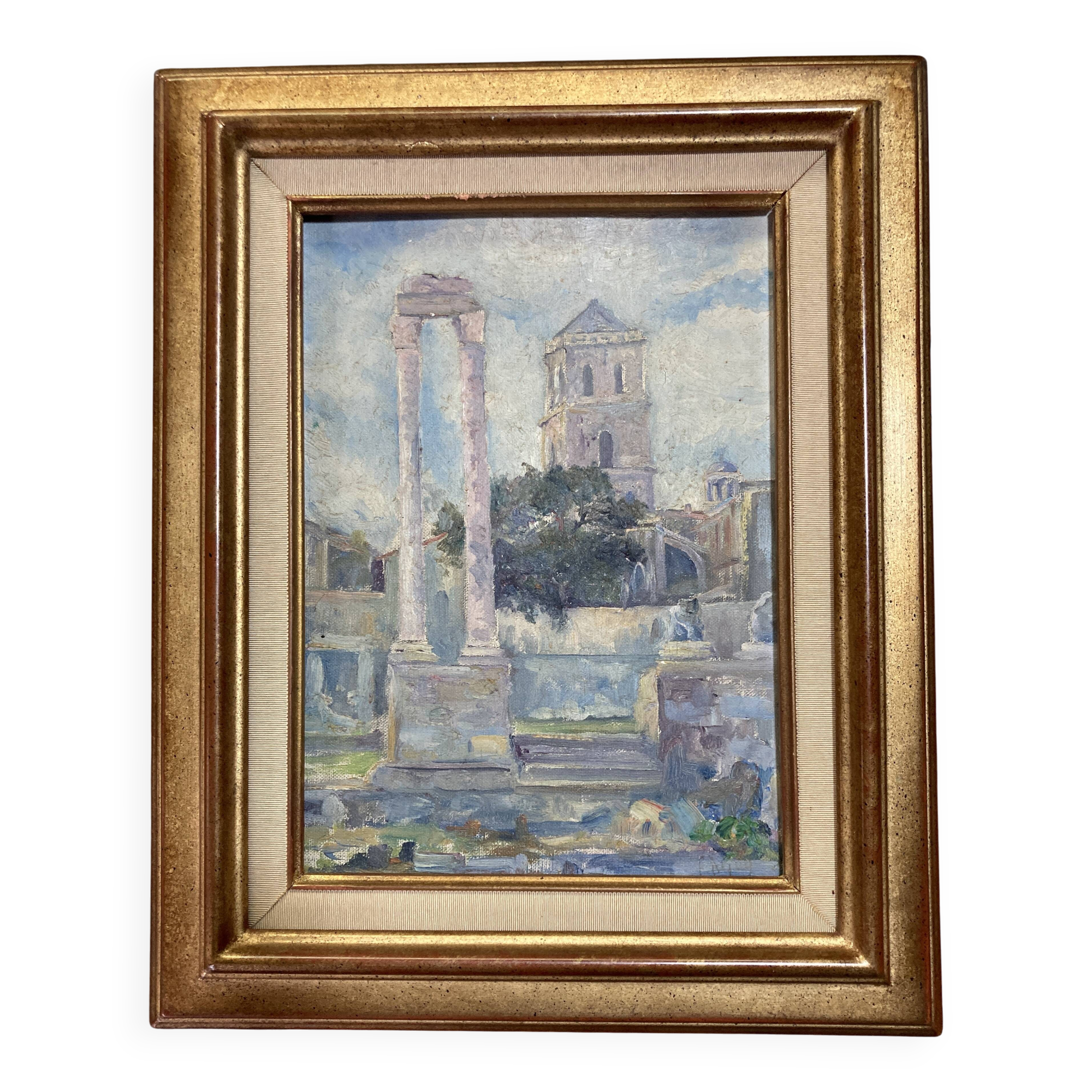 Old painting - Arles - Saint Trophime Cathedral - facade of the thermal baths