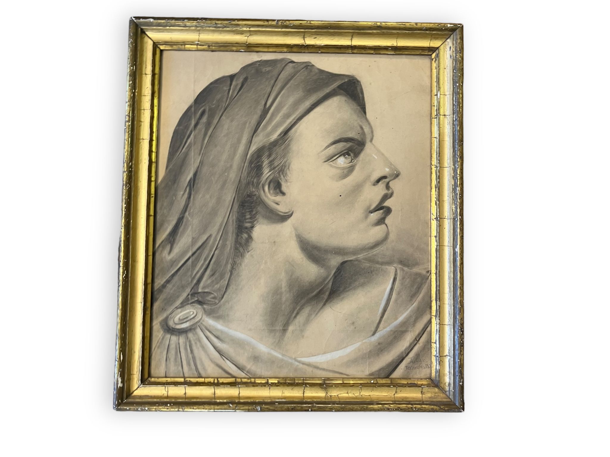 Profile of woman with drapery drawing nineteenth signed julien