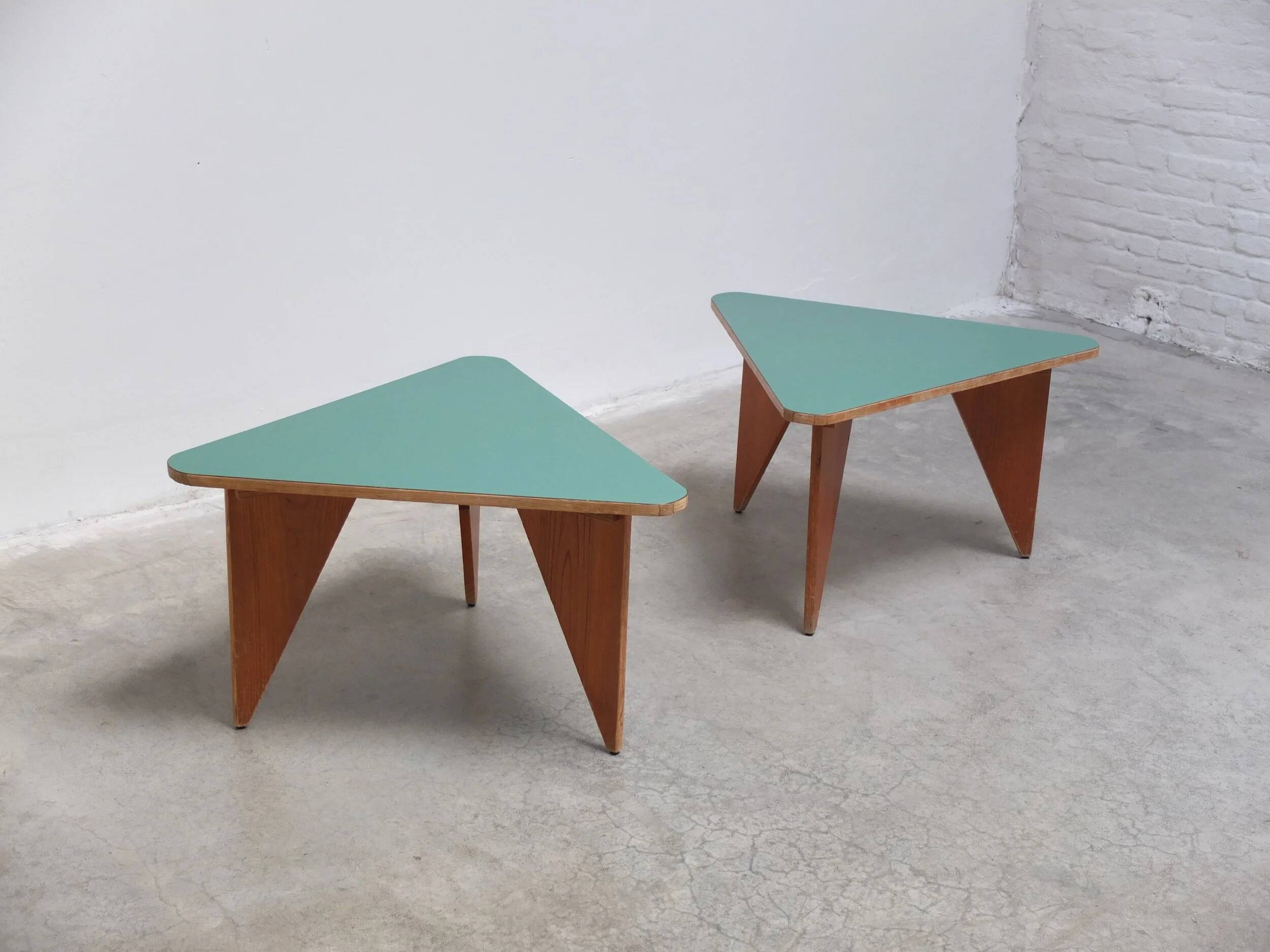 Unique pair of triangular coffee or side tables, 1960s