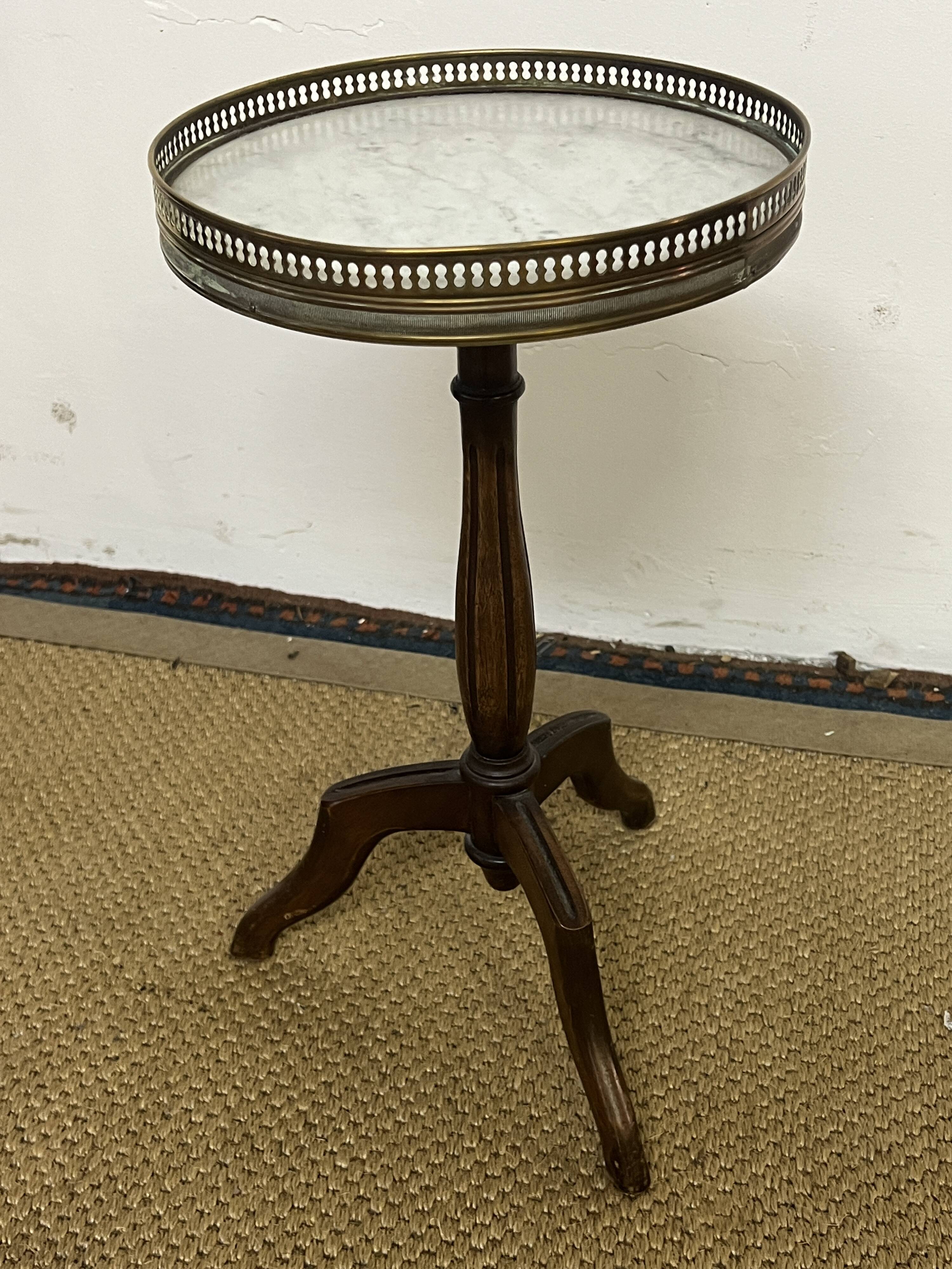 Louis XVI style tripod pedestal table in mahogany and marble