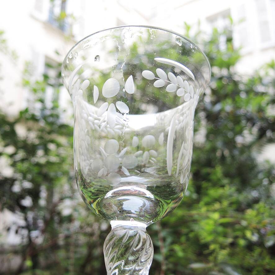 3 old stemmed glasses - engraved plant decor