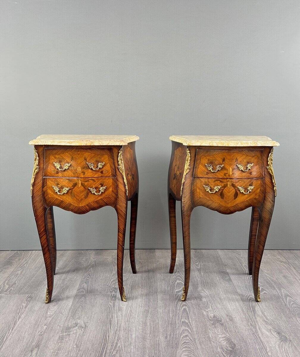 Pair of louis xv style bedside tables in marquetry and marble – 19th century