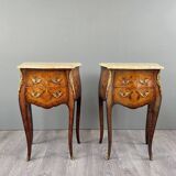 Pair of louis xv style bedside tables in marquetry and marble – 19th century