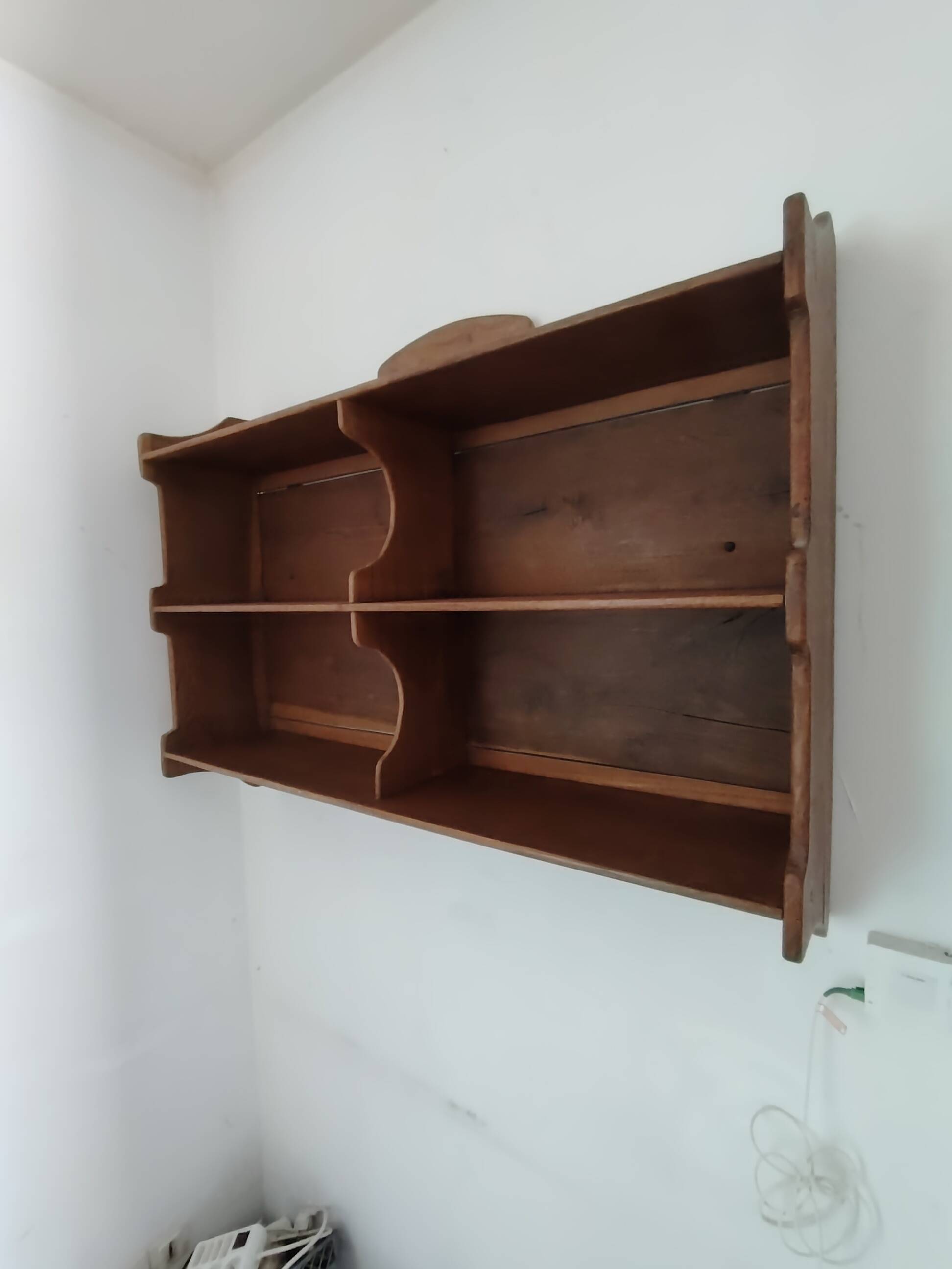 Large antique wall shelf with solid wood compartments.