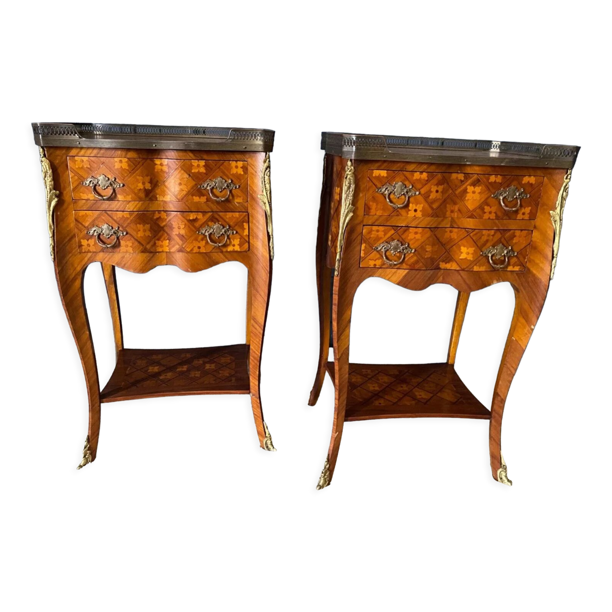Pair of bedside tables Louis XV style marquetry with shamrocks and XXth bronze