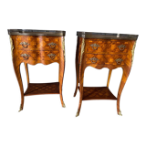 Pair of bedside tables Louis XV style marquetry with shamrocks and XXth bronze