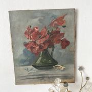 Old painting of a bouquet of poppies, canvas on a flower frame