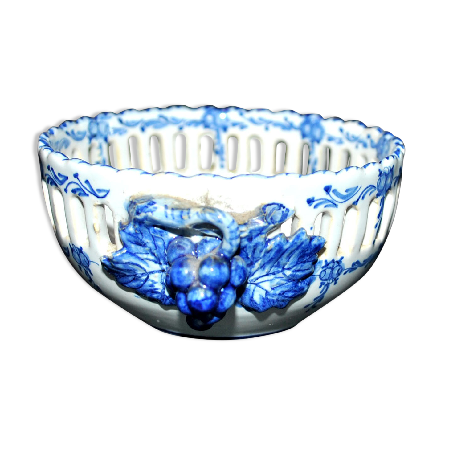 Basket in opaque openwork blue, embroidered earthenware by Malicorne Bourg-Joly Emile Tessier