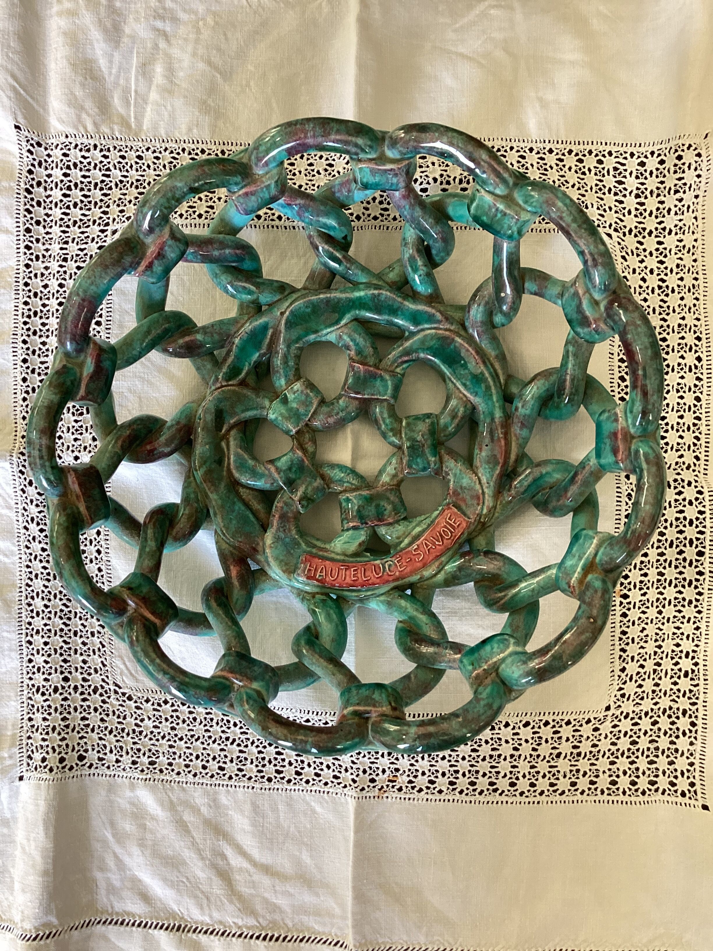 Pottery basket of braided earthenware for fruits dimension: H-9,5cm- D-25,5cm-