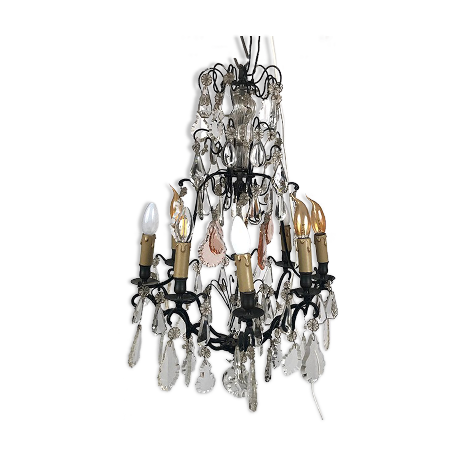 Black lacquered metal chandelier and crystal tassels