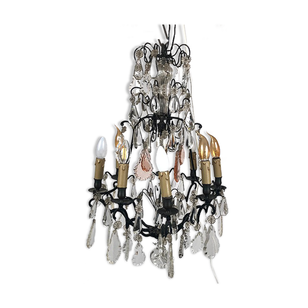 Lustre en métal laqué noir et pampilles de cristal | Selency