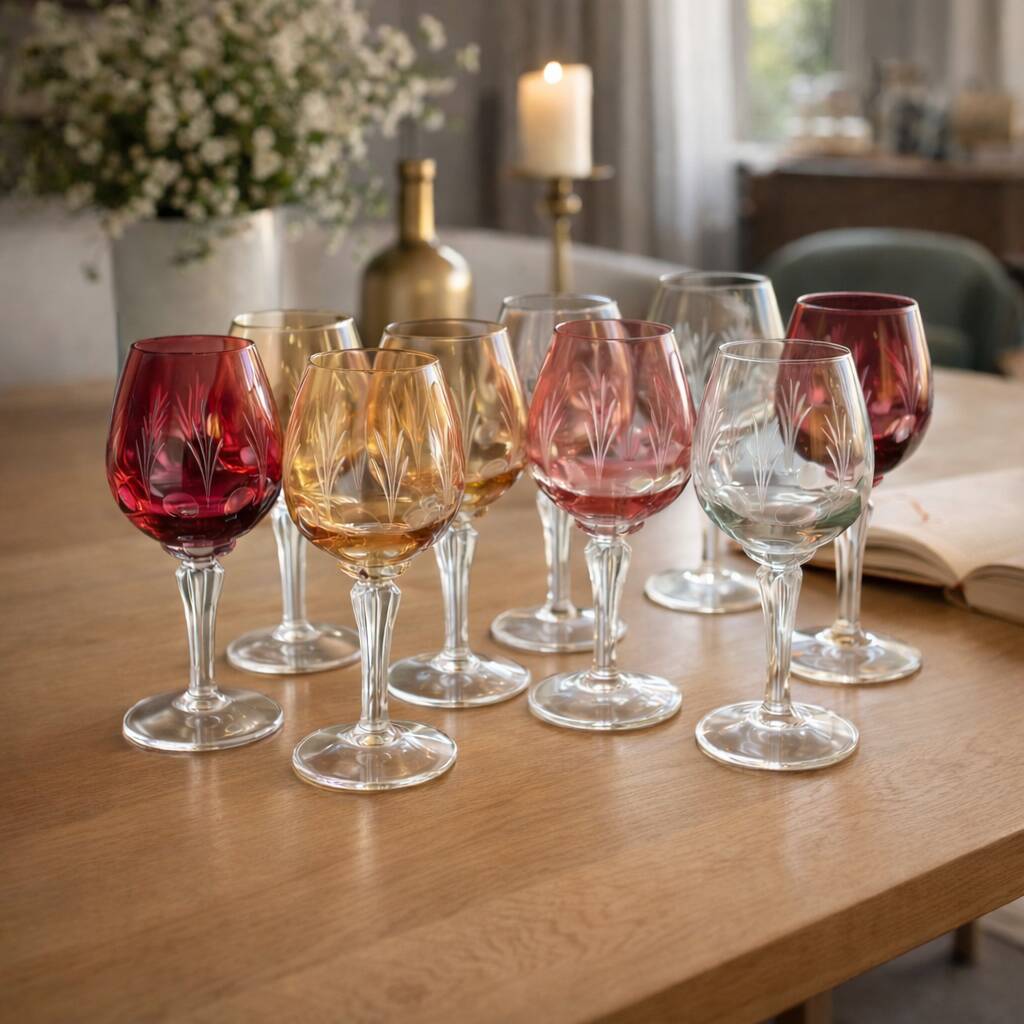 Crystal Colour Verres X8 1970s Vintage Service Engraved 16 cm