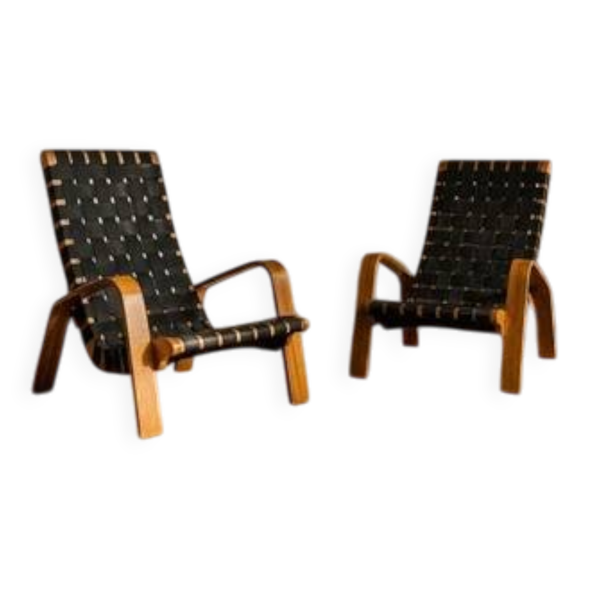 Pair of mid-century woven wood armchairs, 1950s, Czechoslovakia, 68 × 90 × 100 cm