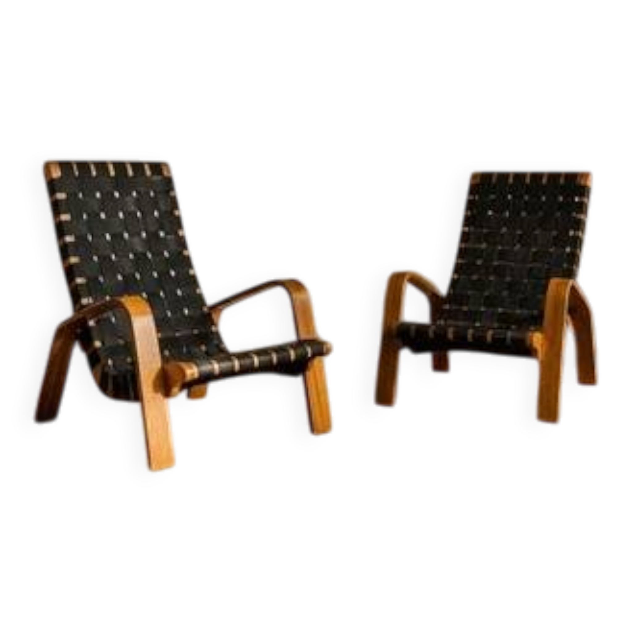 Pair of mid-century woven wood armchairs, 1950s, Czechoslovakia, 68 × 90 × 100 cm