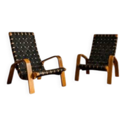 Pair of mid-century woven wood armchairs, 1950s, Czechoslovakia, 68 × 90 × 100 cm