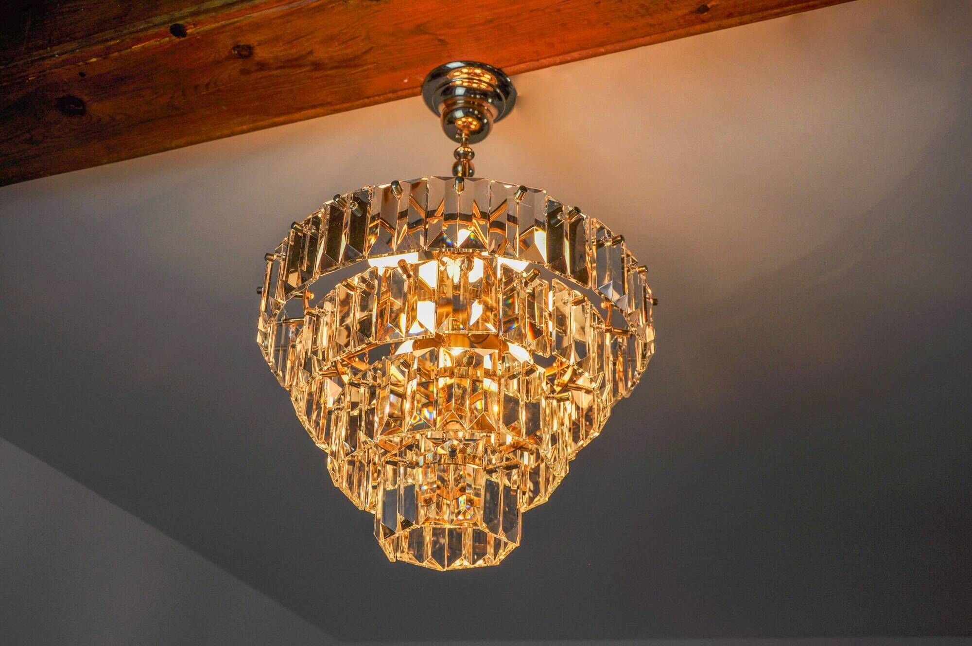 Kinkeldey chandelier, gold, cut glass, 4 levels, Germany, 1970