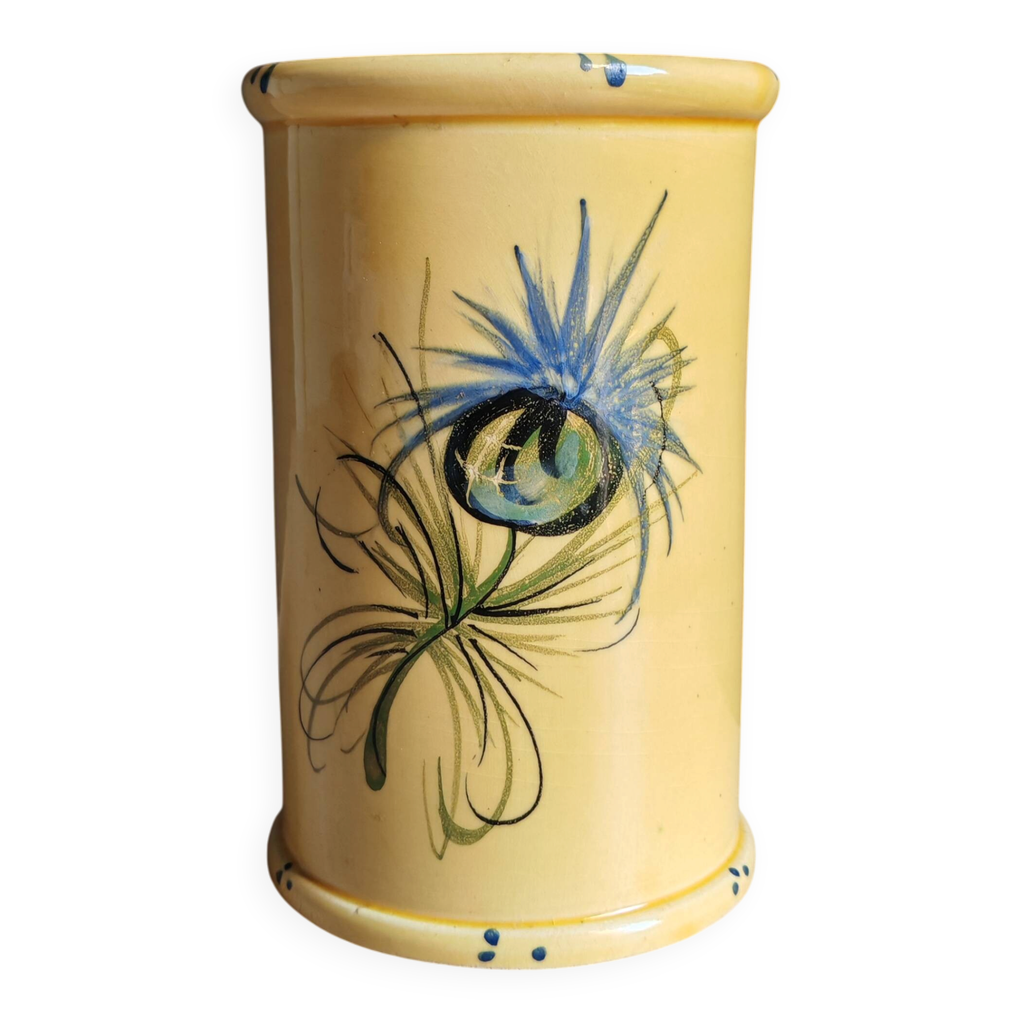 Vintage 1960s Vallauris Yellow Ceramic Vase, Blue Peacock Feather Decor