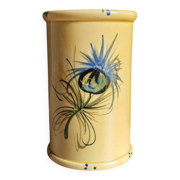 Vase Vallauris Jaune Céramique Vintage Années 60, Décor Plume de Paon Bleu