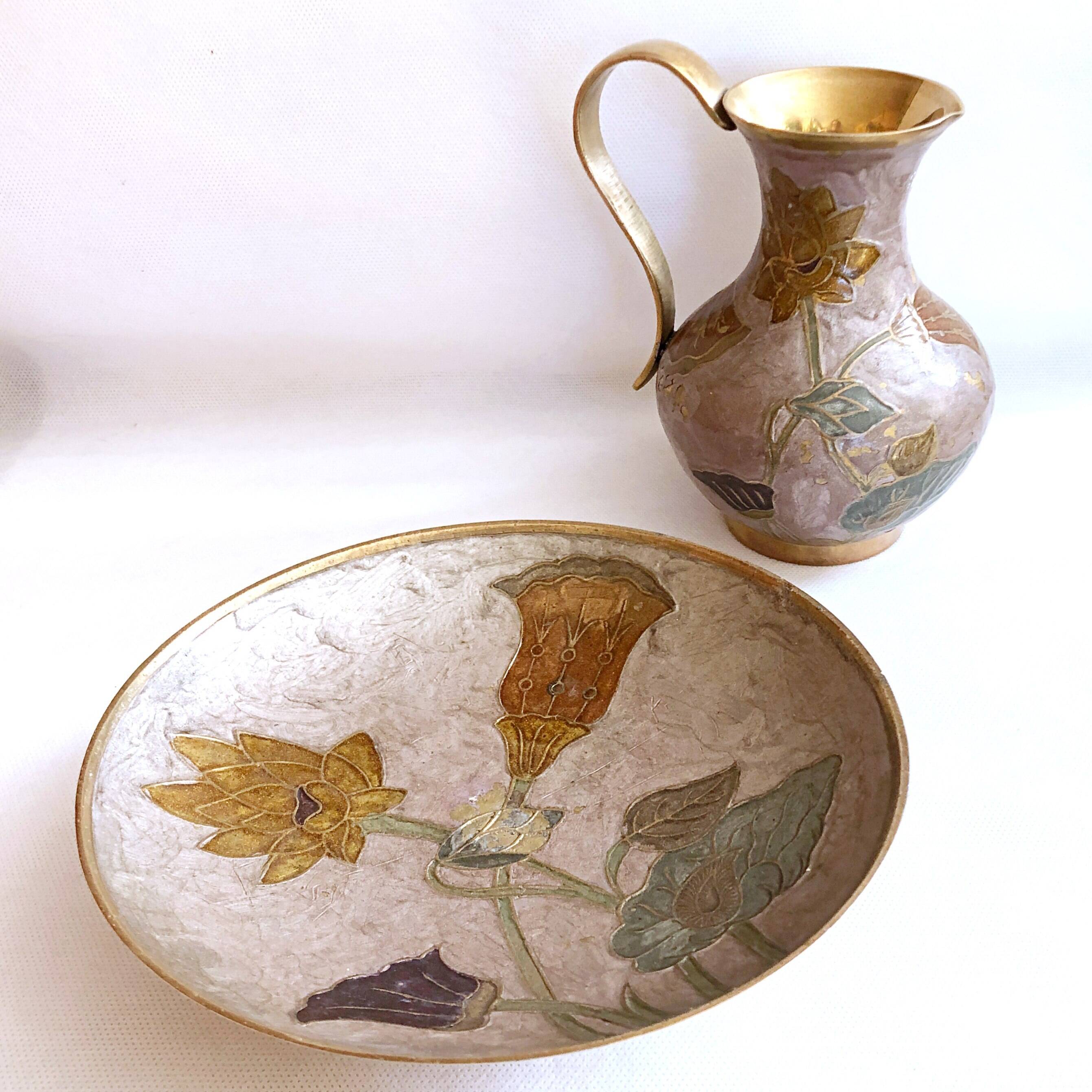 Enamelled brass carafe and cup set