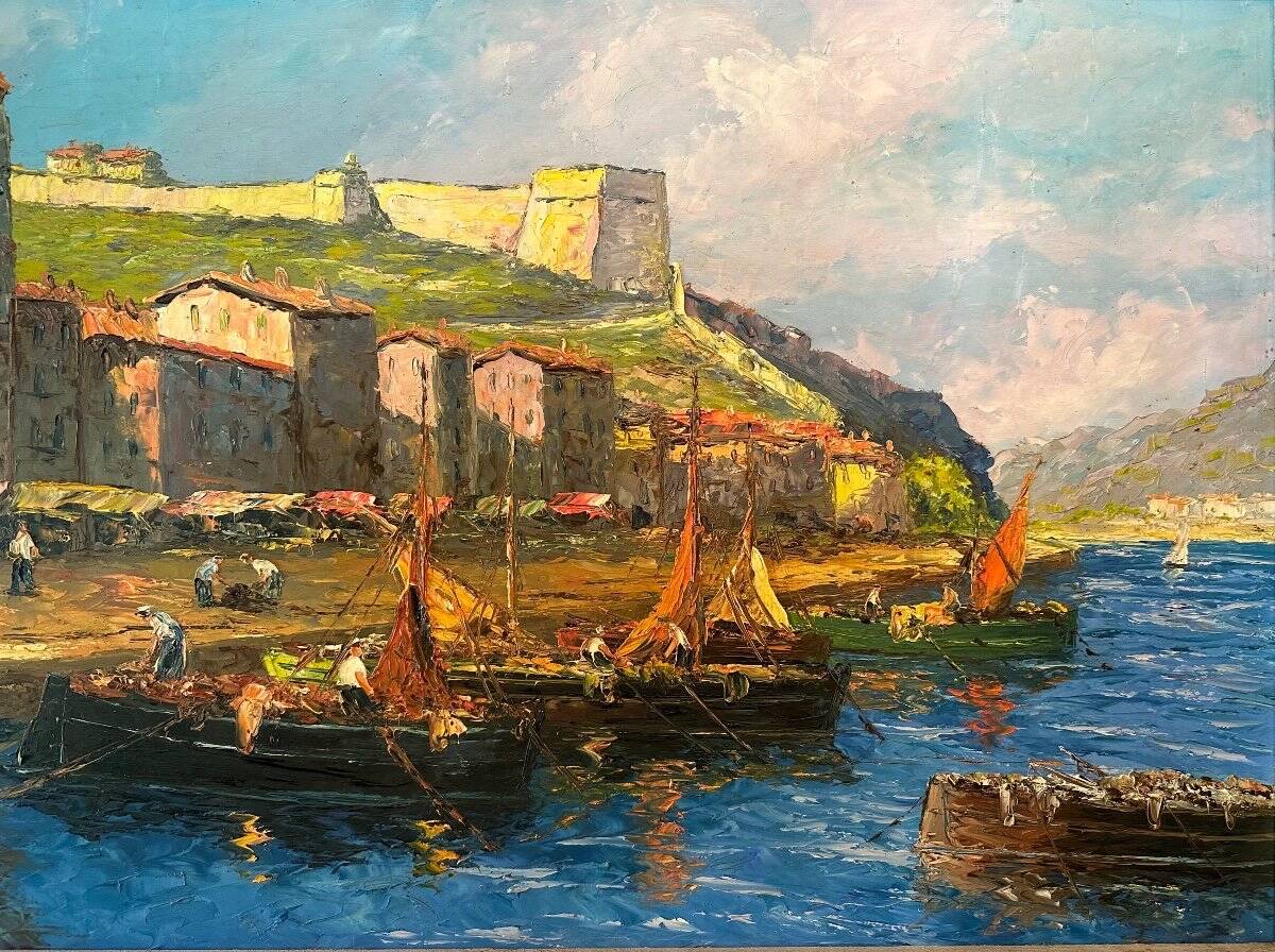 Port In Italy. Oil on panel. 20th century.