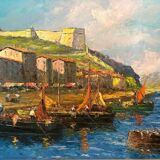 Port In Italy. Oil on panel. 20th century.
