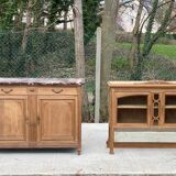 Renovated art deco display case in solid oak and marble 140cm