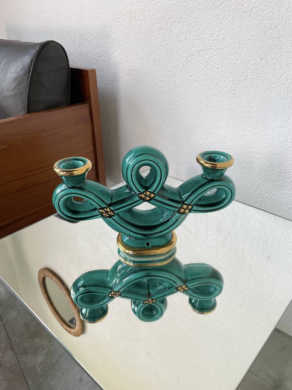 Vallauris green ceramic candle holder
