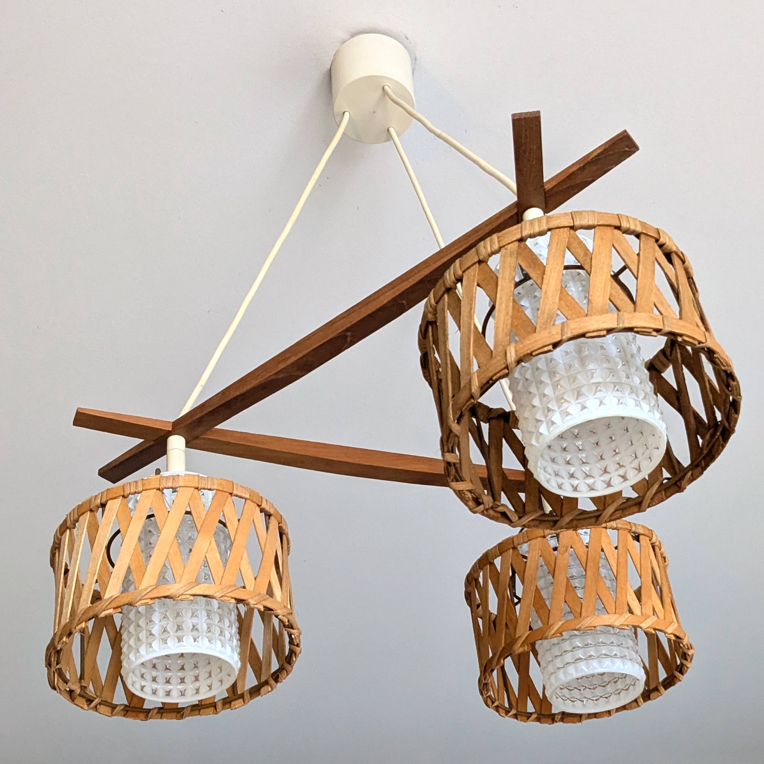 Suspension in teak and rattan, Doria Leuchten from the 1950s.